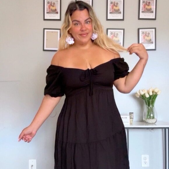 Plus Size Summer Dresses Sweetheart Neck with Drawstring and Puff Sleeve Casual - Picture 3 of 14